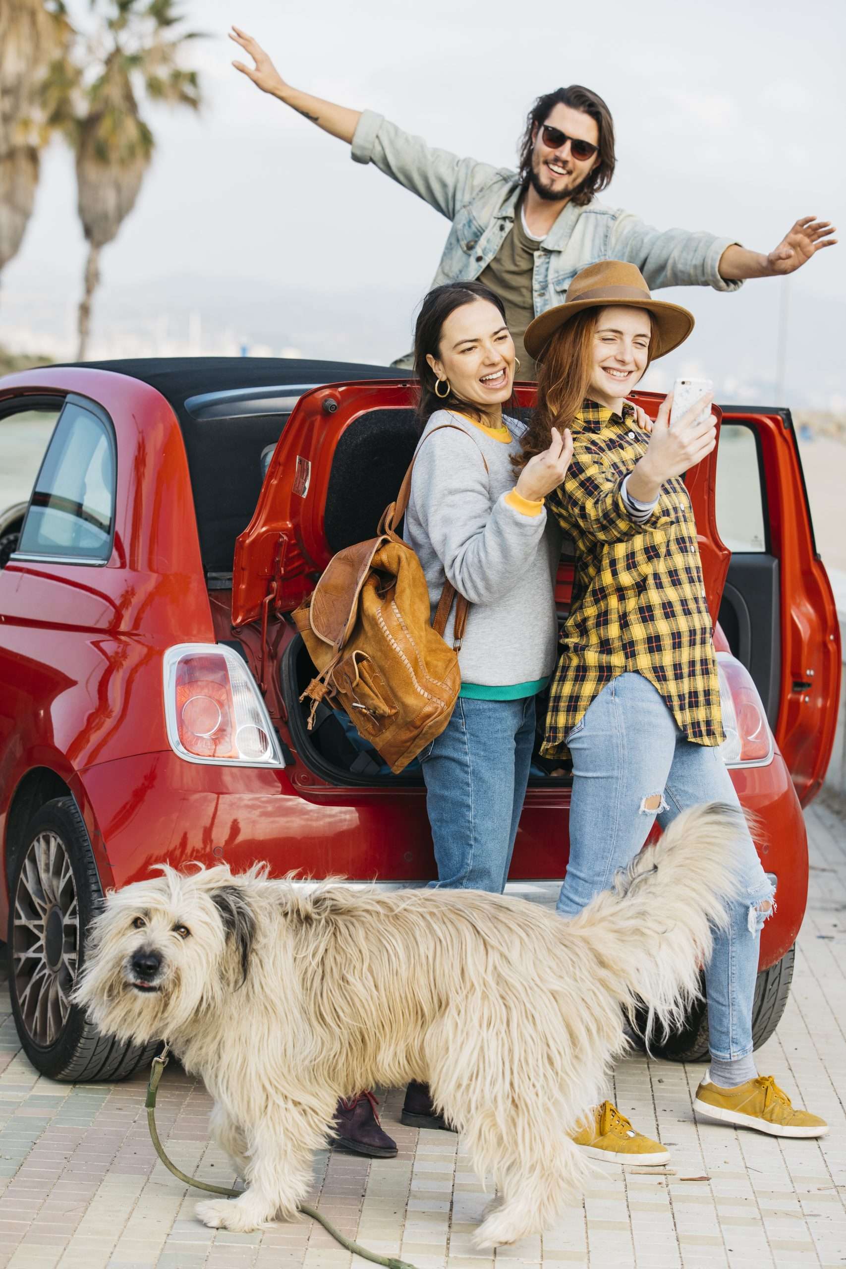 women-taking-selfie-smartphone-near-car-trunk-man-leaning-out-from-auto-dog